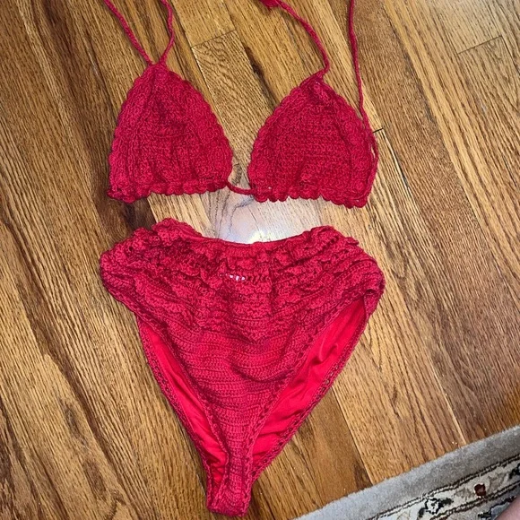 Forever 21 Swim Red Knit Crochet High Waisted Biking Bathing